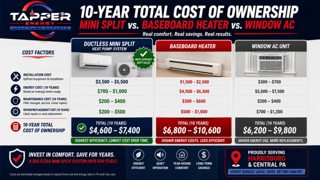 Ductless mini split cost comparison infographic Harrisburg PA showing 10-year total cost vs baseboard heat vs window AC