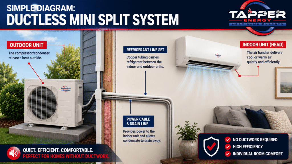 How a ductless mini split system works diagram showing outdoor condenser connected to indoor unit through wall