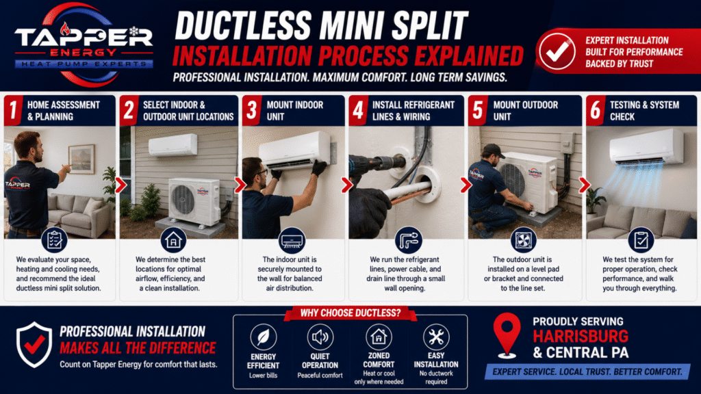 Ductless mini split installation process steps from mounting indoor unit to connecting outdoor condenser
