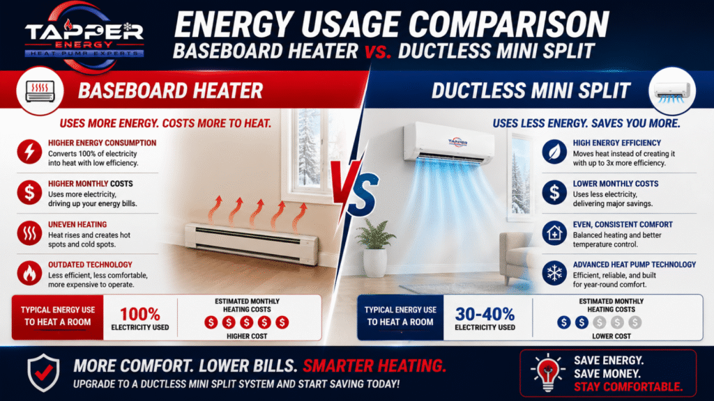 Energy savings ductless mini split vs baseboard heater comparison showing 60 percent lower energy usage