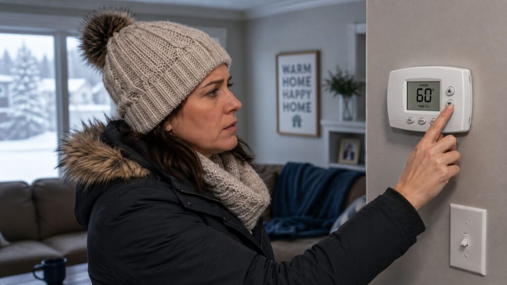 furnace blowing cold air Harrisburg PA homeowner checking thermostat