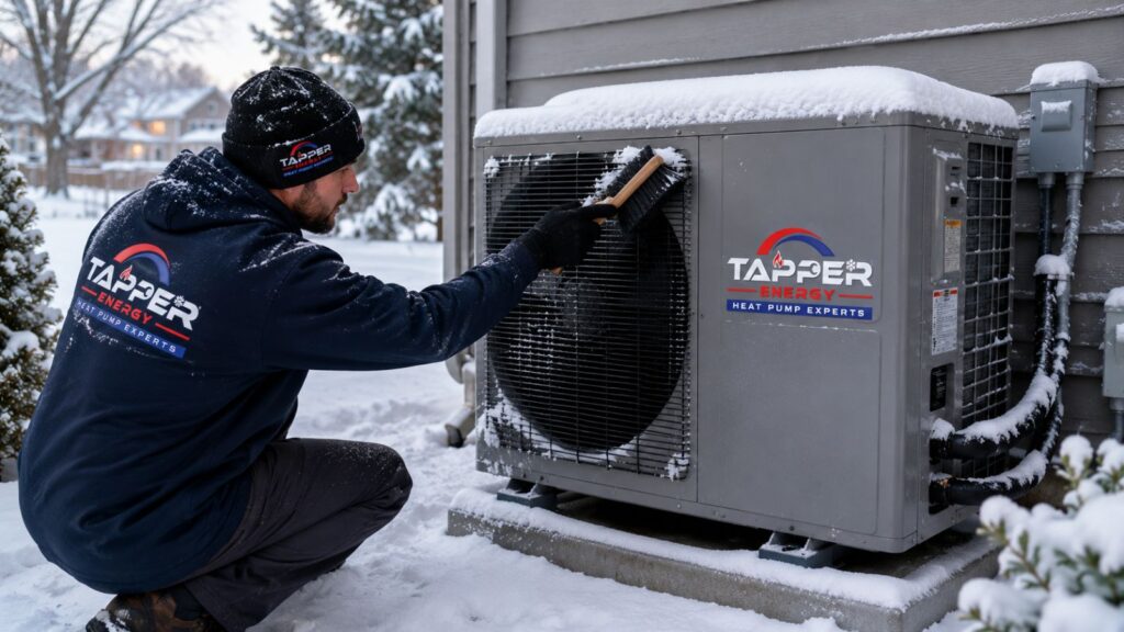 Winter HVAC maintenance checklist Harrisburg homeowner gently brushing snow off an outdoor heat pump