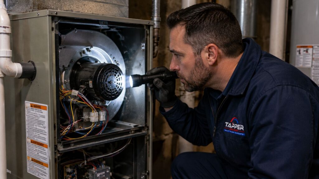 HVAC technician diagnosing furnace blowing cold air Harrisburg PA