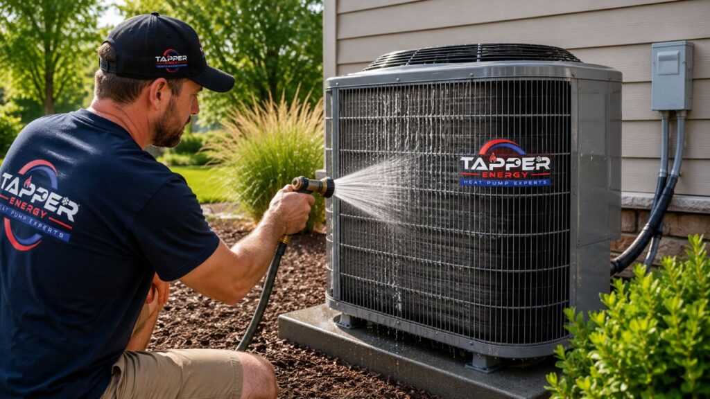 Homeowner rinsing an outdoor AC condenser coil with a garden hose during spring HVAC maintenance