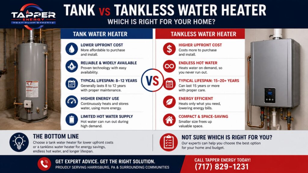 tank vs tankless water heater comparison for Harrisburg homes