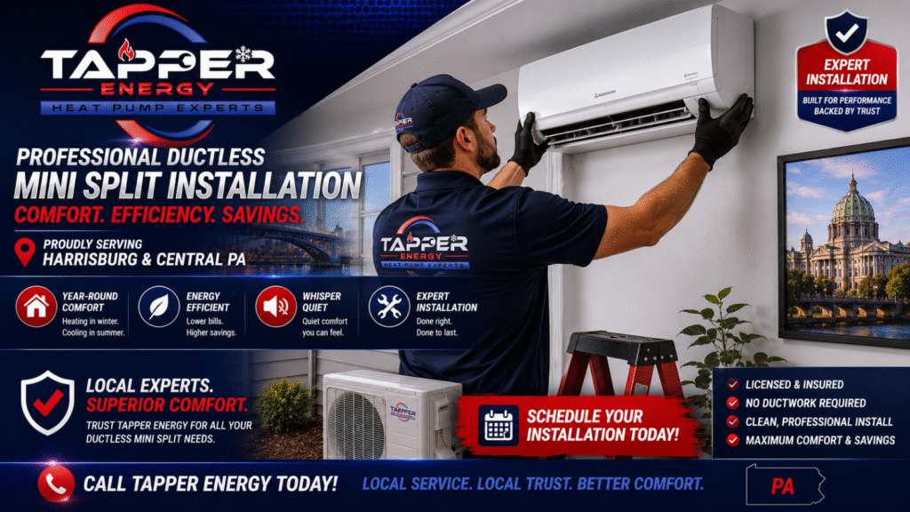 Tapper Energy technician installing a ductless mini split Harrisburg PA wall-mounted unit in a residential home