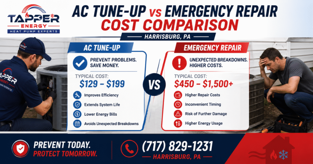 AC tune-up Harrisburg PA cost comparison chart — tune-up vs emergency repair savings