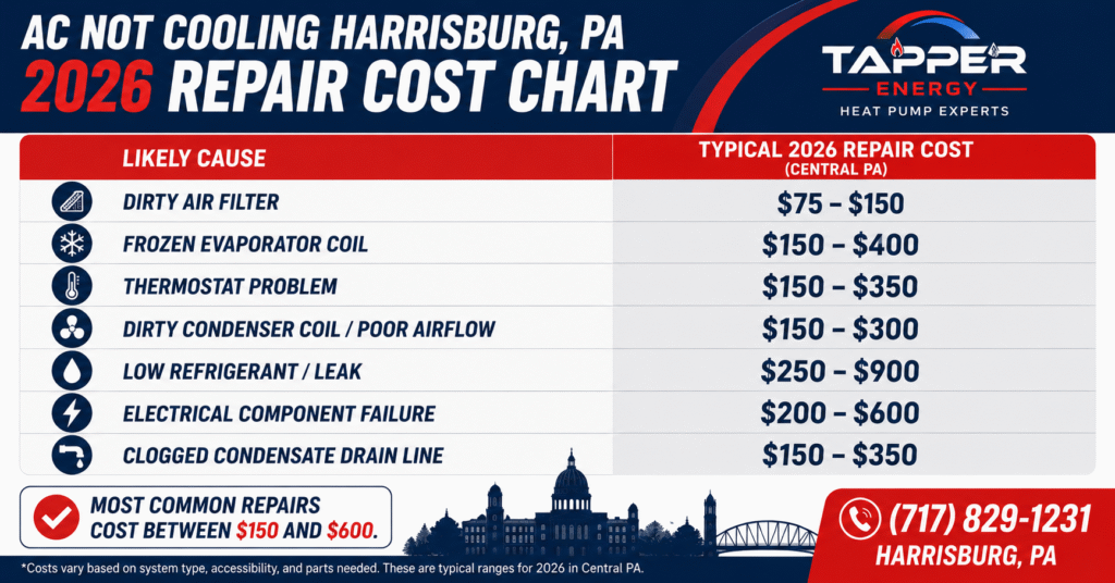 2026 AC repair cost chart for an AC not cooling in Harrisburg PA by likely cause