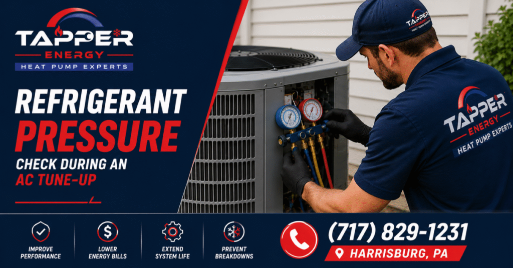 Tapper Energy HVAC technician performing AC tune-up refrigerant check in Harrisburg PA