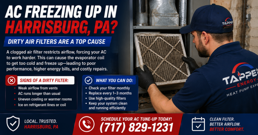 Technician inspecting dirty air filter, common cause of AC freezing up Harrisburg PA Technician inspecting dirty air filter, common cause of AC freezing up Harrisburg PA