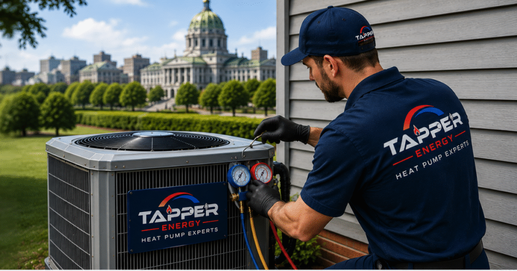 Tapper Energy technician performing seasonal AC maintenance check, Harrisburg PA Tapper Energy technician performing seasonal AC maintenance check, Harrisburg PA