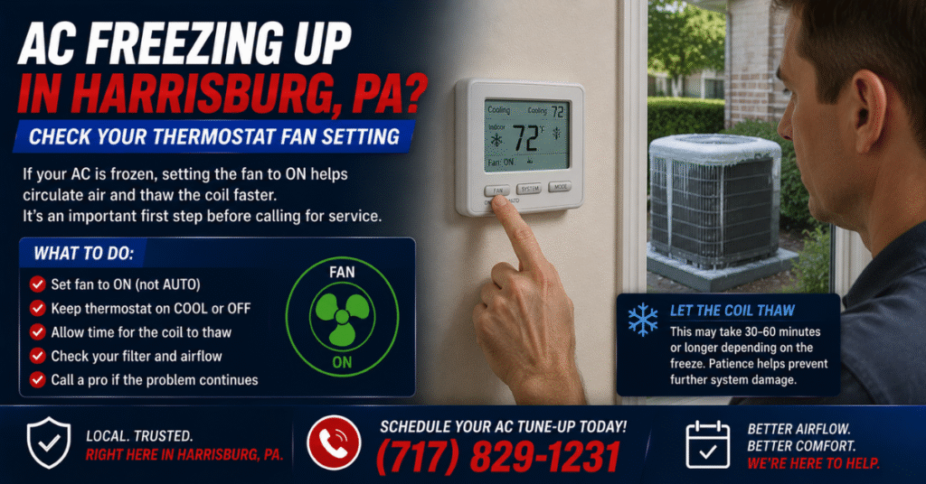 Homeowner checking thermostat fan setting while AC coil thaws, Harrisburg PA Homeowner checking thermostat fan setting while AC coil thaws, Harrisburg PA