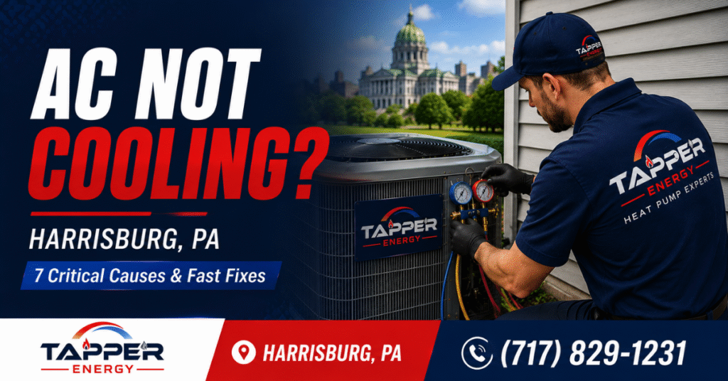 Tapper Energy technician diagnosing an AC system not cooling properly in Harrisburg, PA.