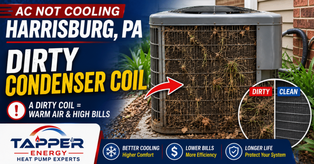 Dirty outdoor condenser coil causing an AC not cooling in Harrisburg PA