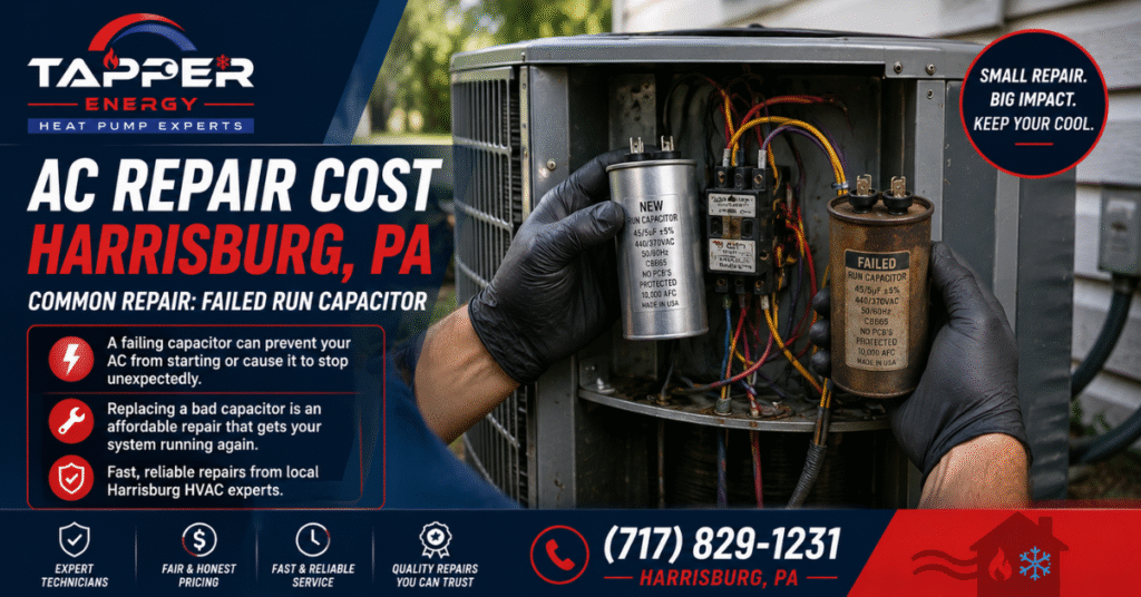 AC repair cost Harrisburg PA failed run capacitor being replaced in an outdoor unit