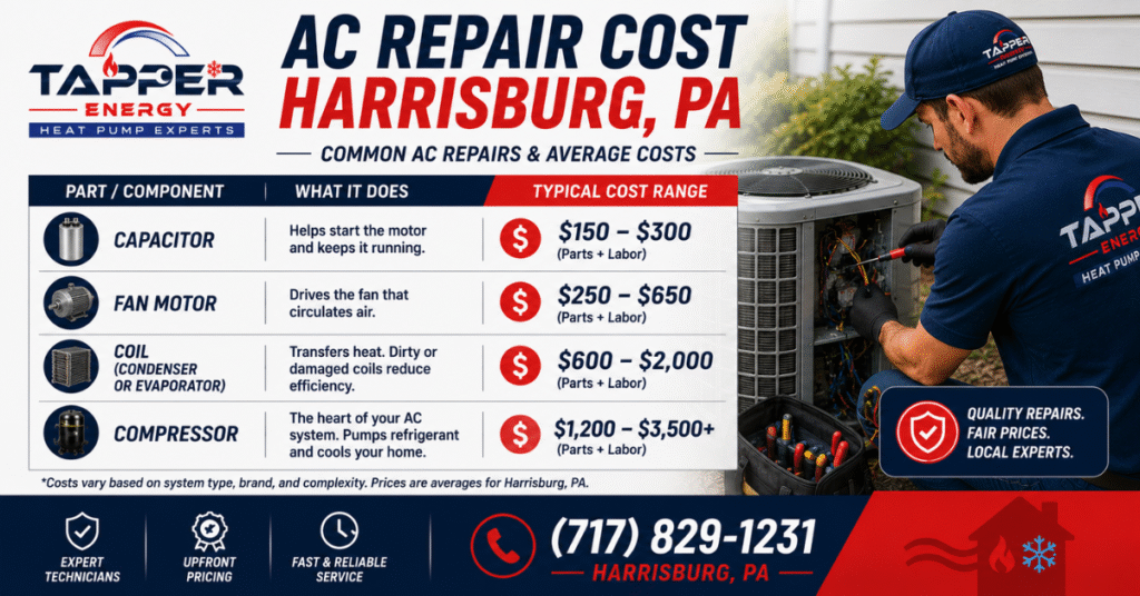 AC repair cost Harrisburg PA chart comparing capacitor, motor, coil, and compressor prices