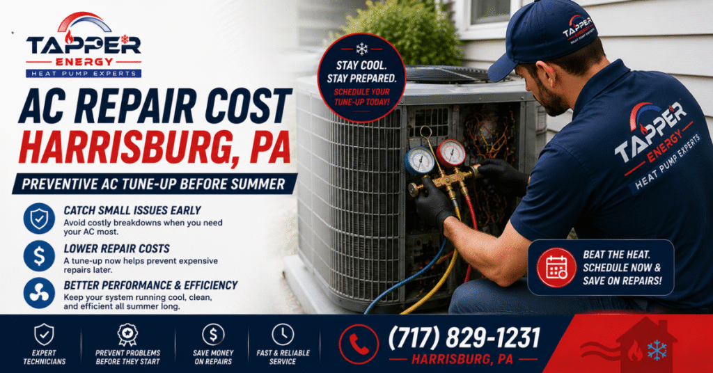 AC repair cost Harrisburg PA technician performing a preventive AC tune-up before summer