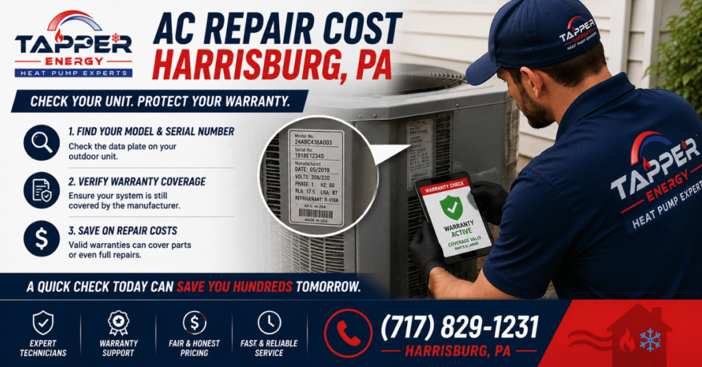 AC repair cost Harrisburg PA technician checking a unit model number for warranty coverage