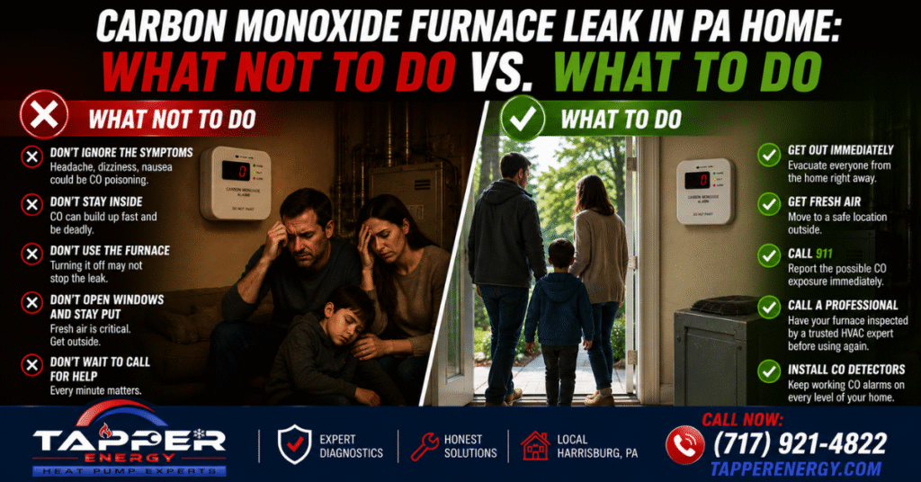 what to do vs what not to do during carbon monoxide furnace leak in PA home