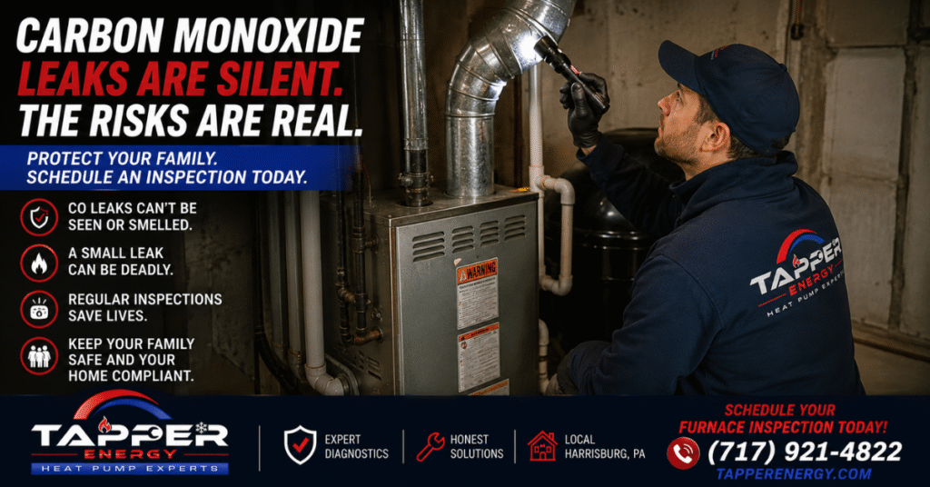 Tapper Energy HVAC technician inspecting furnace flue pipe in Harrisburg PA basement