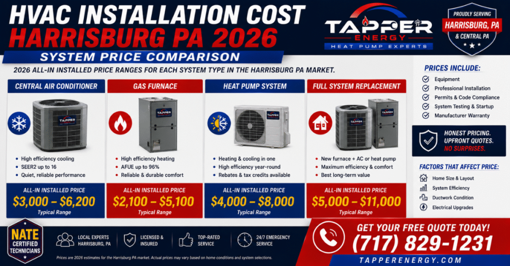 HVAC installation cost Harrisburg PA 2026 — central AC, furnace, heat pump system price comparison