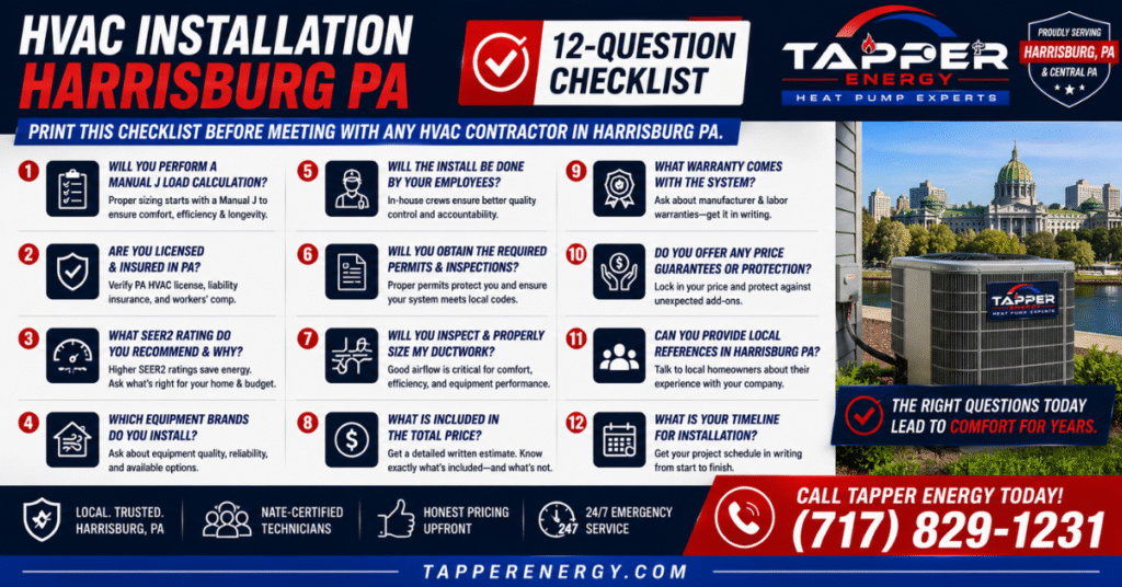 12 questions to ask for HVAC installation in Harrisburg PA — homeowner checklist diagram