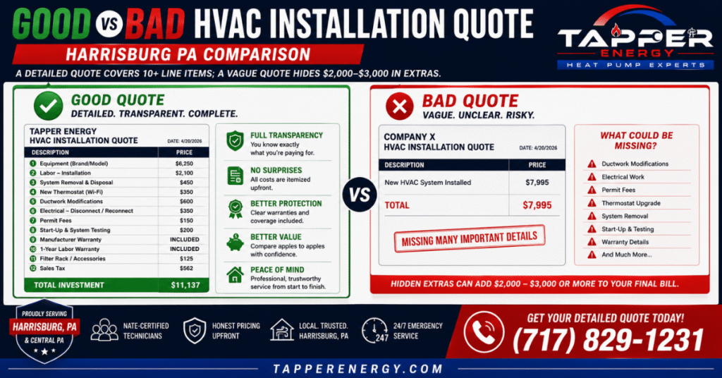 Good vs bad HVAC installation quote comparison — what to look for in Harrisburg PA