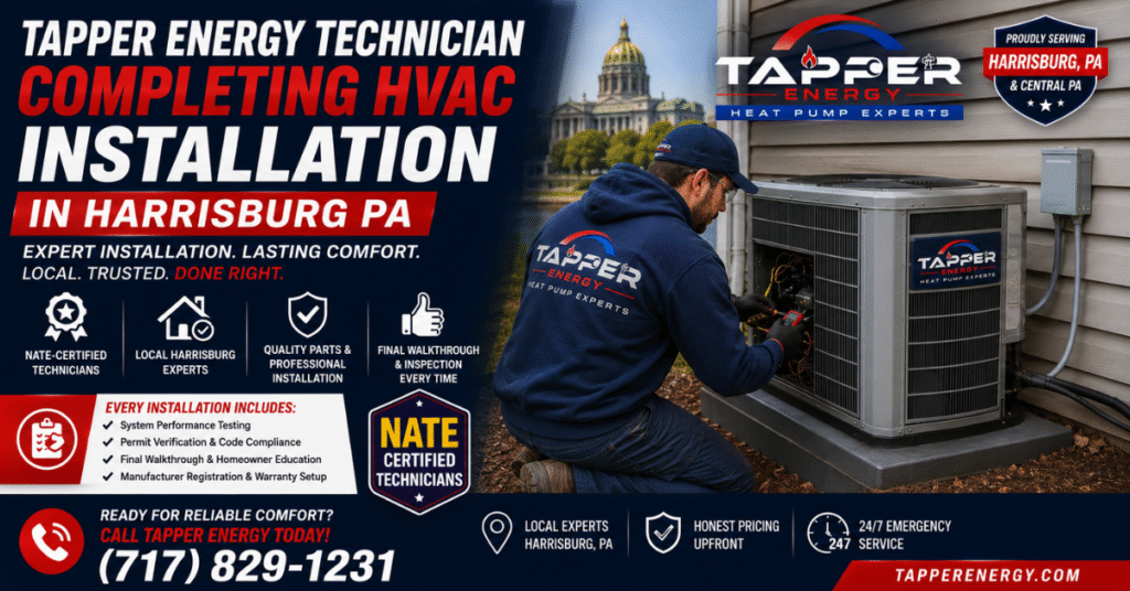 Tapper Energy NATE-certified technician completing HVAC installation in Harrisburg PA — heat pump outdoor unit