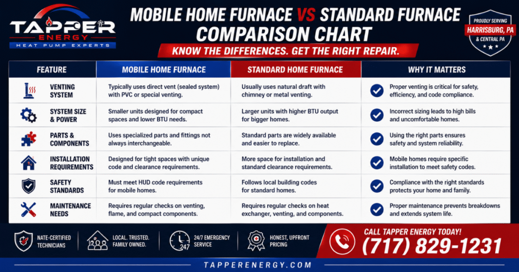 mobile home furnace vs standard furnace comparison chart — Pennsylvania 2026 — Tapper Energy