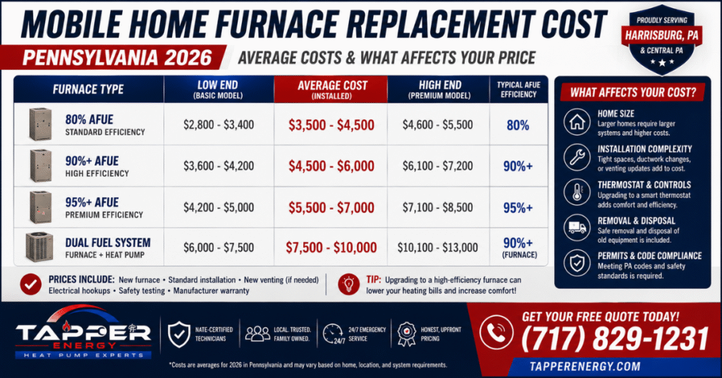 mobile home furnace replacement cost Pennsylvania 2026 — Tapper Energy cost chart