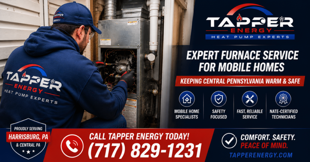 Tapper Energy technician servicing mobile home furnace in Central Pennsylvania