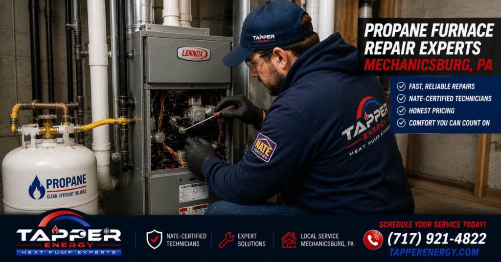 Tapper Energy NATE-certified technician performing propane furnace repair Mechanicsburg PA