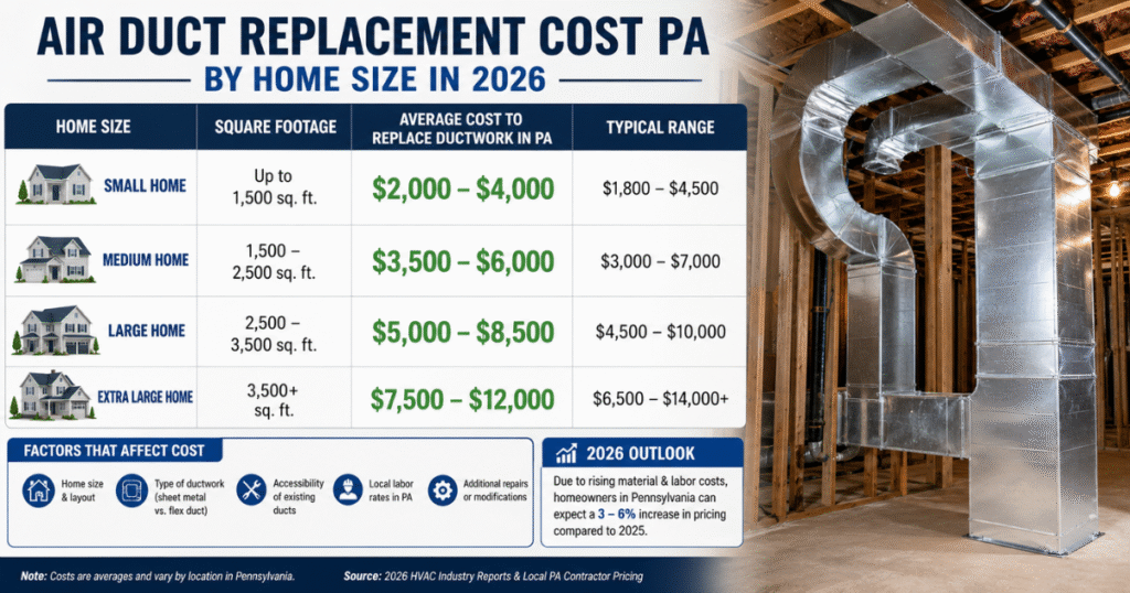 Chart comparing air duct replacement cost PA by home size in 2026