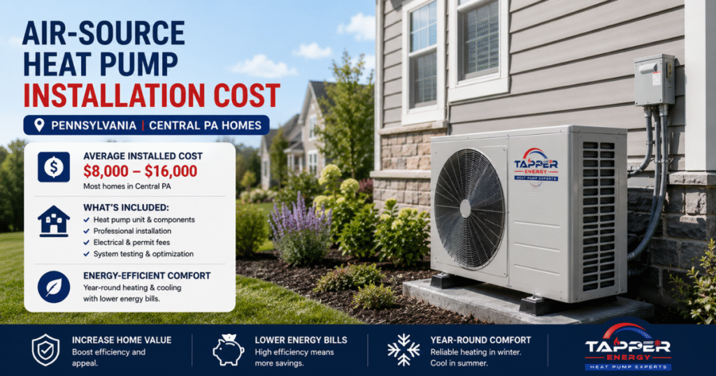 Cold-climate heat pump running in snow at a Pennsylvania home in winter