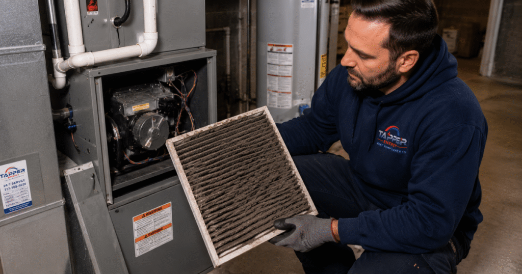 Furnace short cycling Harrisburg PA caused by a clogged air filter restricting airflow