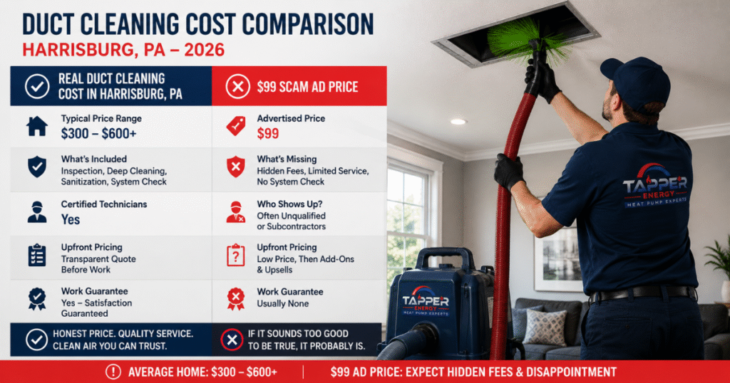 Chart comparing real duct cleaning cost Harrisburg PA against a $99 scam ad price in 2026