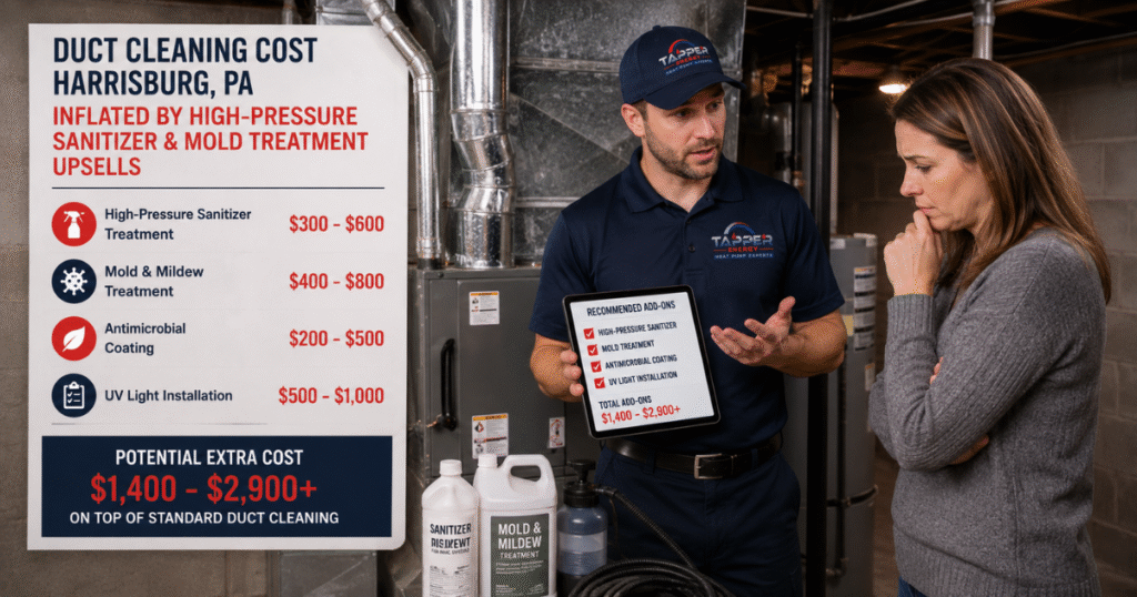 Duct cleaning cost Harrisburg PA inflated by high-pressure sanitizer and mold treatment upsells