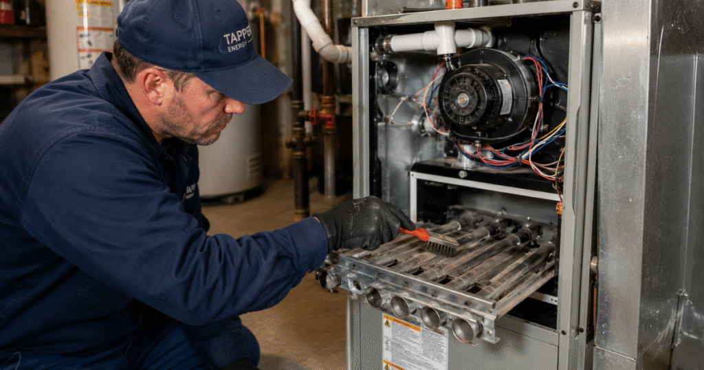 Furnace tune-up Harrisburg PA technician cleaning furnace burners before winter