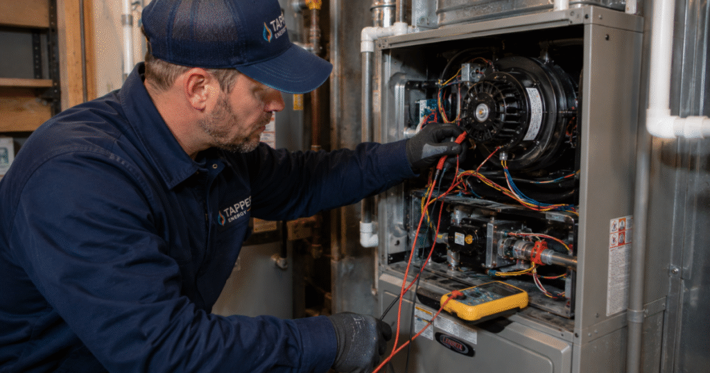 Furnace tune-up Harrisburg PA technician checking electrical connections and the blower motor
