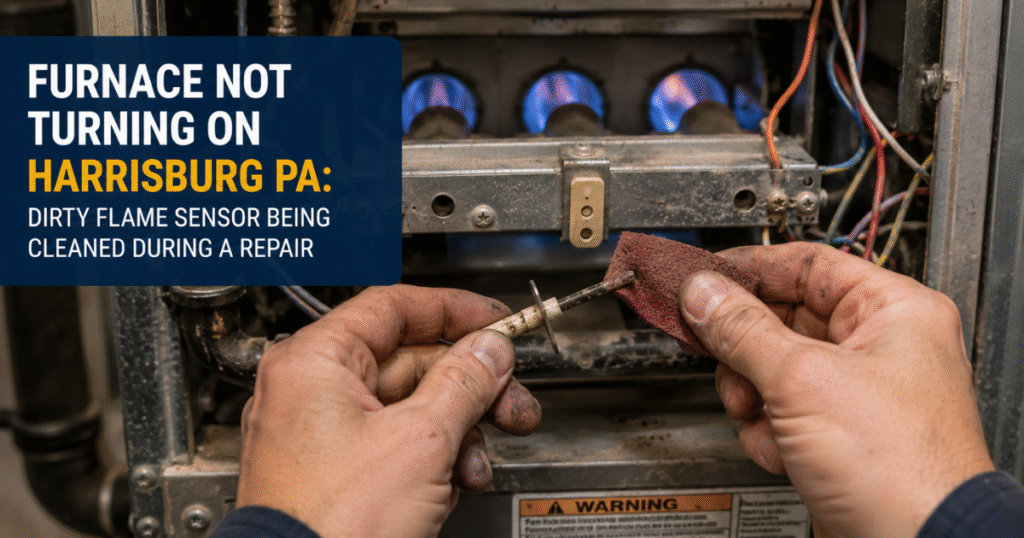 Furnace not turning on Harrisburg PA dirty flame sensor being cleaned during a repair