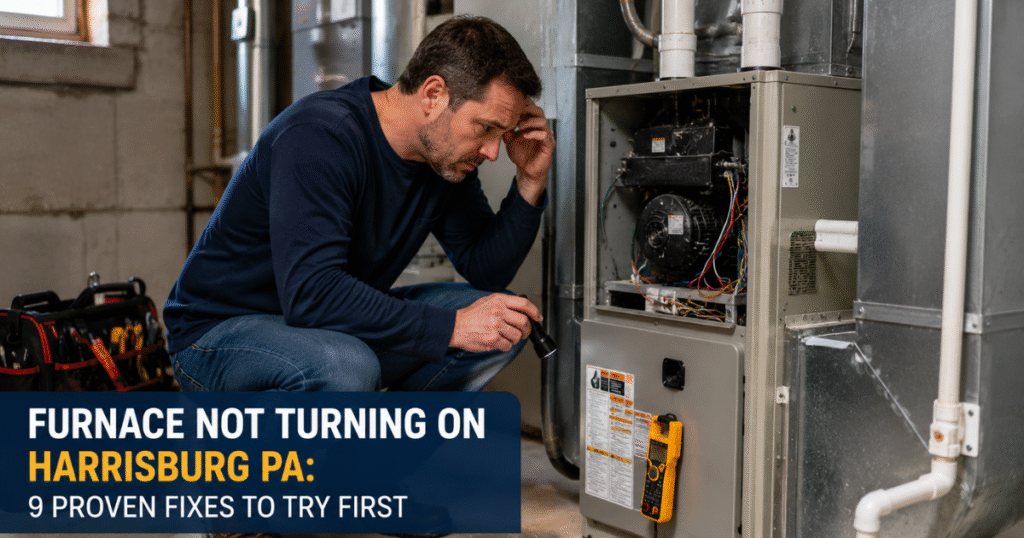 Furnace not turning on Harrisburg PA homeowner checking a cold gas furnace in a Central PA basement