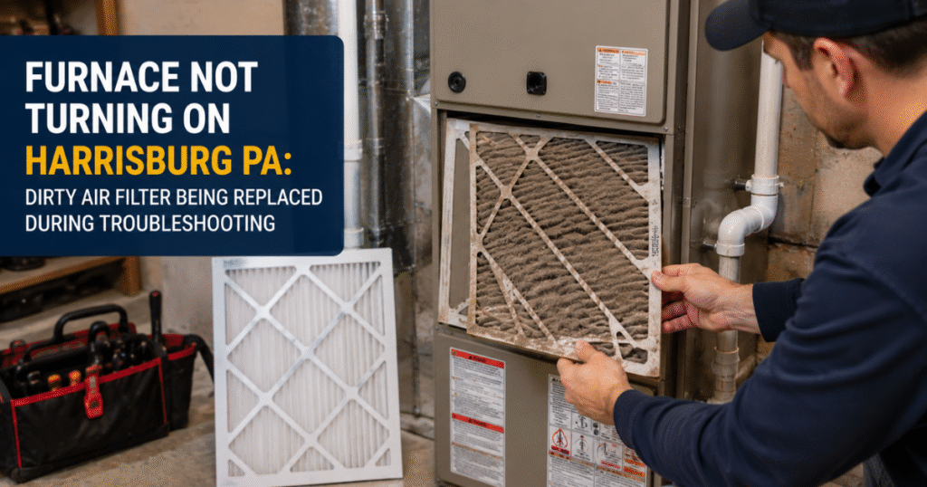 Furnace not turning on Harrisburg PA dirty air filter being replaced during troubleshooting