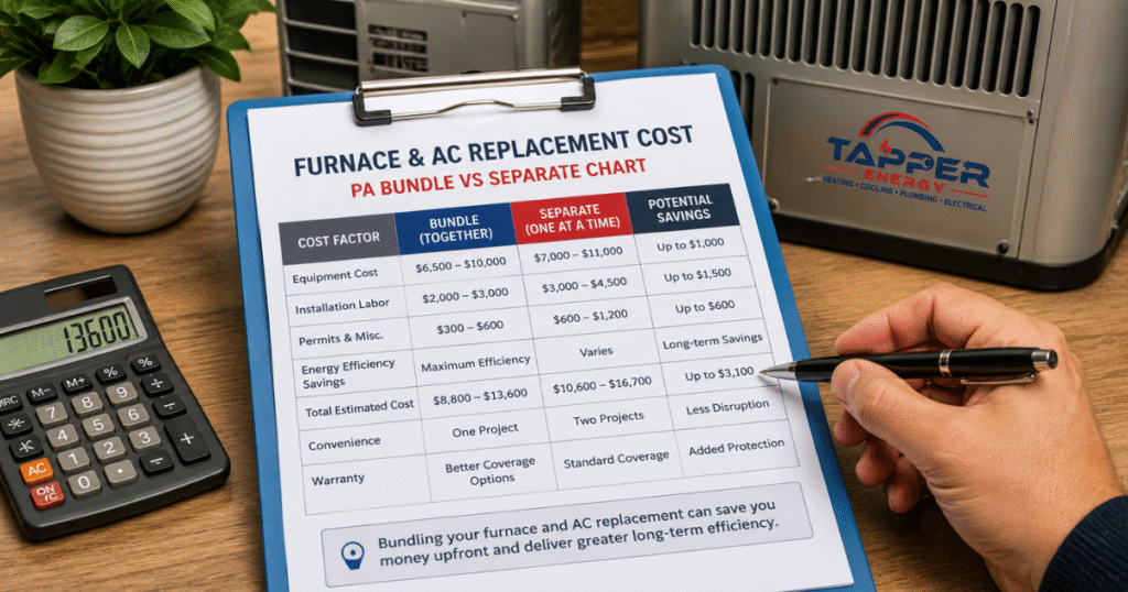 Chart comparing furnace and AC replacement cost PA when bundled versus replaced separately in 2026