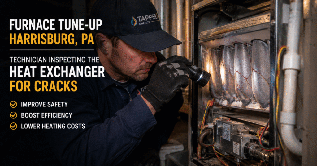 Furnace tune-up Harrisburg PA technician inspecting the heat exchanger for cracks