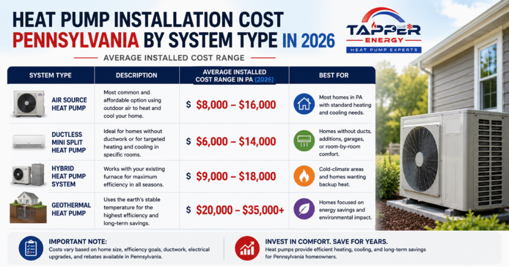 Chart comparing heat pump installation cost Pennsylvania by system type in 2026