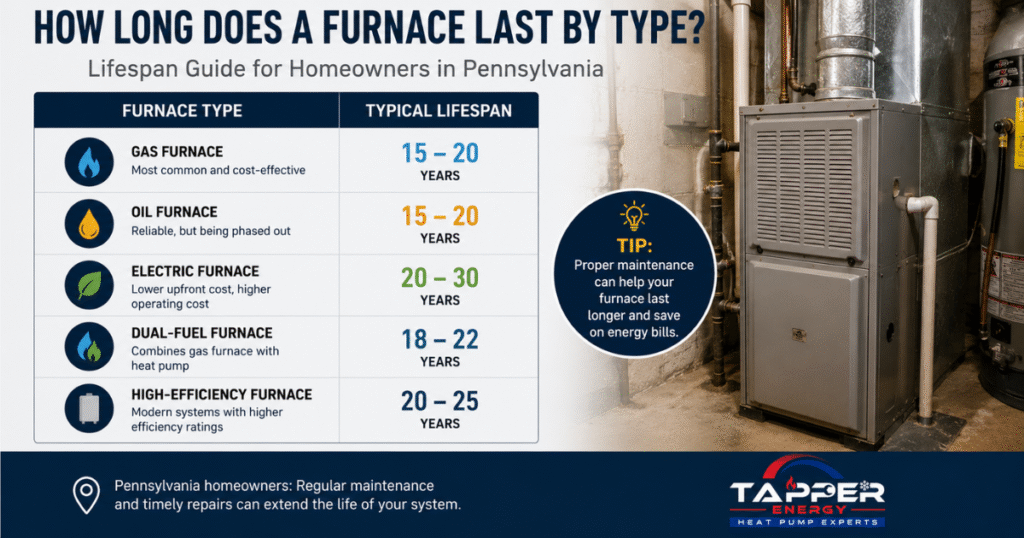 Chart showing how long does a furnace last by fuel type for PA homes