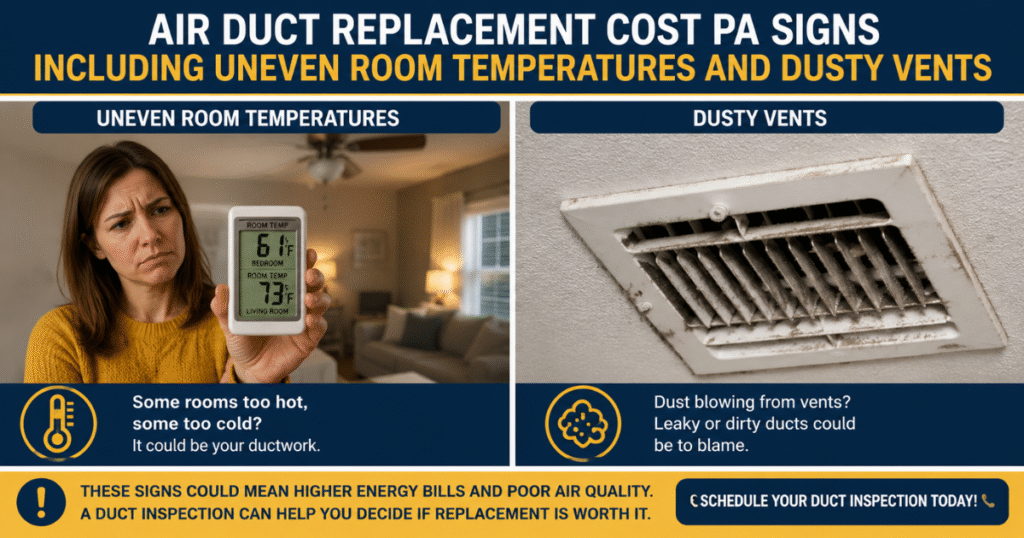Air duct replacement cost PA signs including uneven room temperatures and dusty vents