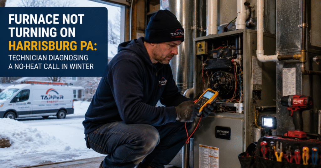 Furnace not turning on Harrisburg PA technician diagnosing a no-heat call in winter