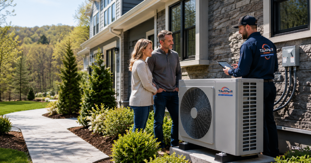 Heat pump installation cost Pennsylvania technician installing an outdoor air-source heat pump at a Central PA home