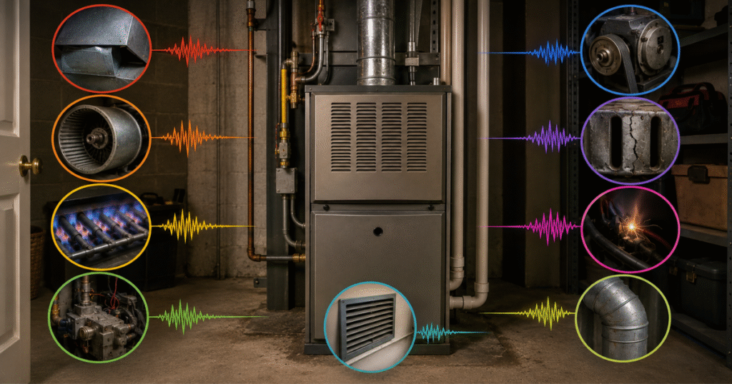 Chart of 9 types of furnace noise Harrisburg PA homeowners commonly hear, from banging to rumbling